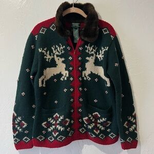 VTG Ralph LAUREN Sweater Cardigan Hand Knit Wool Green Holidays Red Sz M Fur